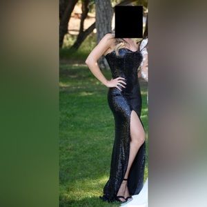 Black sequin strapless dress with side slit Size 2-4